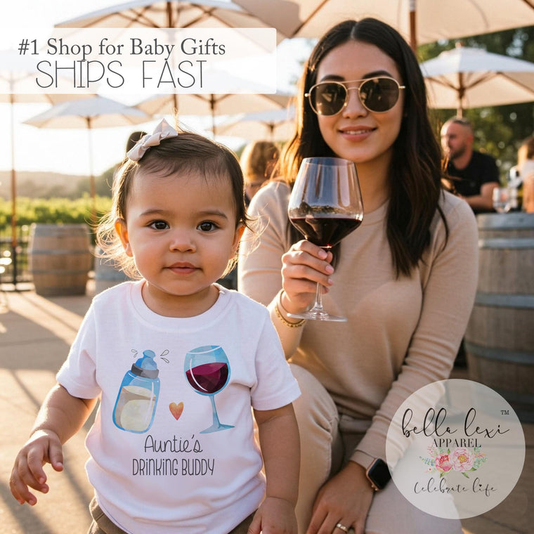 Baby Shower Gift, Auntie Drinking Buddy, Baby Announcement, Funny Baby Gift, Auntie Baby Reveal, Pregnancy Reveal, Drinking Onesie®,Wine Set