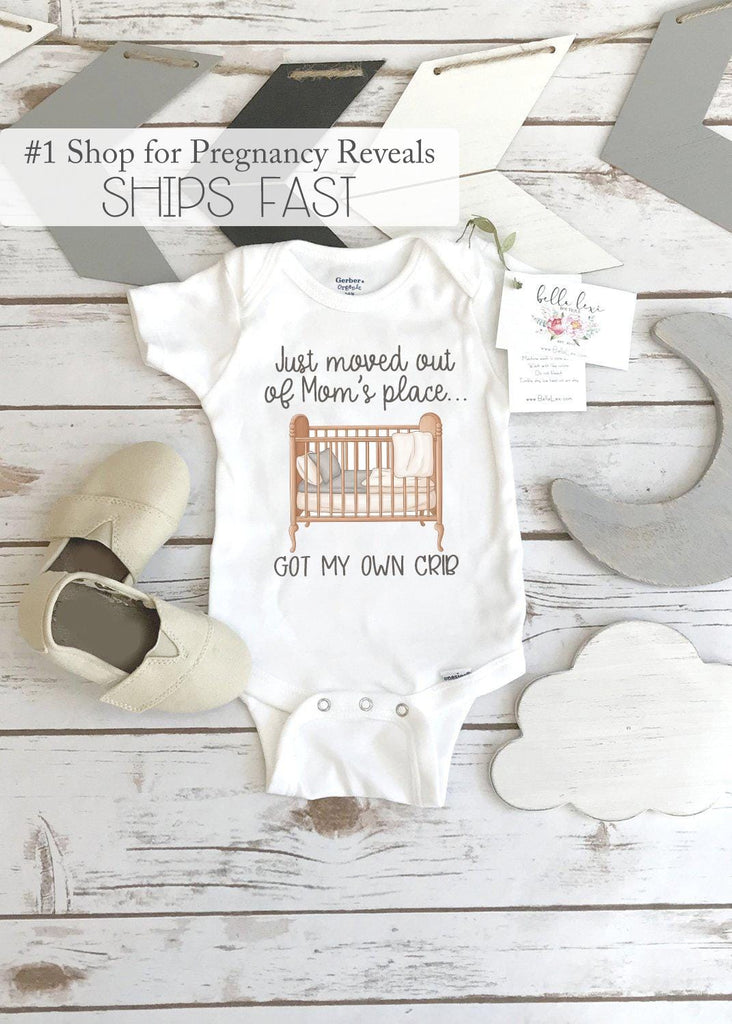 Funny Baby Shower Gift, Just Moved Out of Mom's Place Newborn Bodysuit, Personalized Crib Romper, Coming Home Clothes, Baby infant outfit