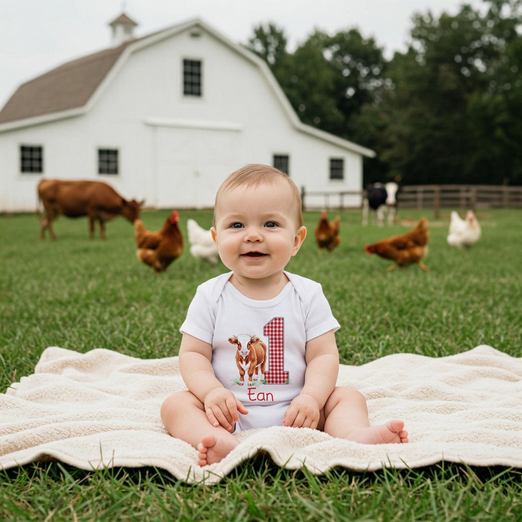Farm Birthday Onesie®, Calf to Yearling, Western Party, Farm shirt, CowBOY, Cow Onesie®, Cow Birthday, Barnyard Birthday, Farm Animal Party