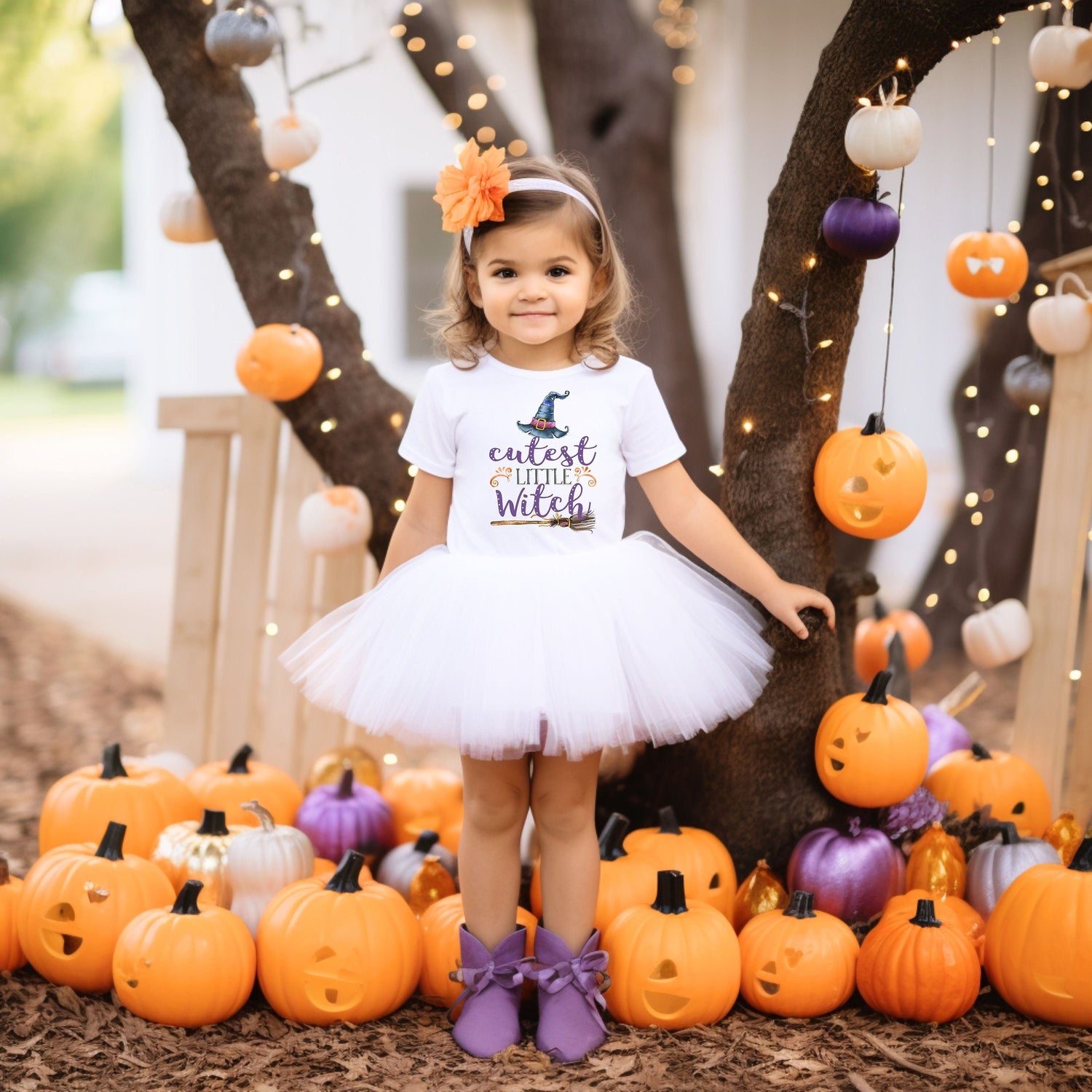 May include: A young child wearing a white tutu skirt and a white shirt with the text 'cutest little witch' and a witch hat graphic. The child is standing in front of a tree with orange and purple pumpkins.