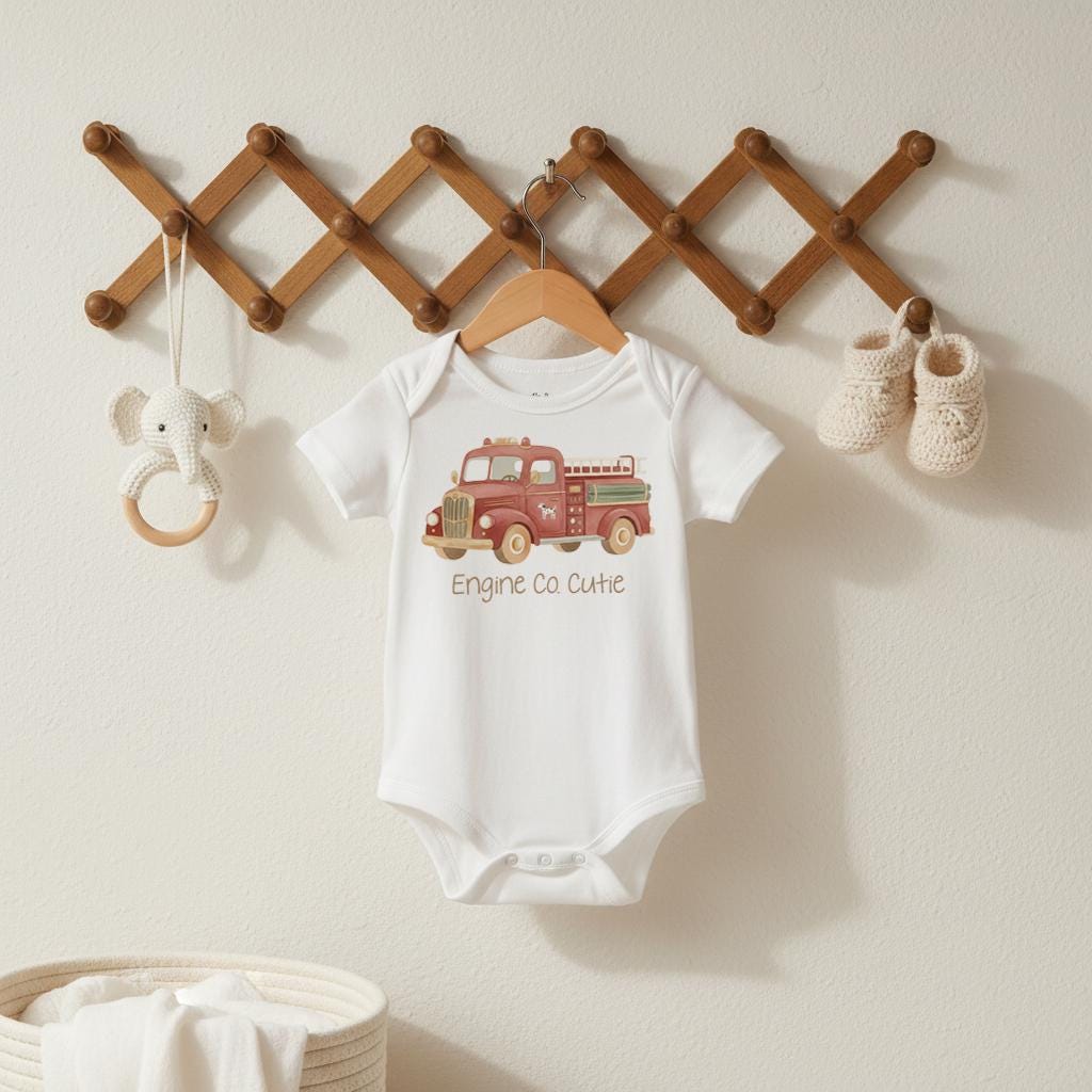 Firefighter Baby Outfit, Engine Co. Cutie Onesie®, First Responder Shower Gift, Baby Shower Gift, Fireman Baby Reveal, Fireman Baby Theme. Your little hero just rolled onto the scene! This “Engine Co. Cutie” onesie is the perfect outfit for firefighter families and first responder parents who want to celebrate their newest recruit. The cozy fit and vintage firetruck design make it a heartwarming baby shower gift or everyday outfit for your brave little cutie.