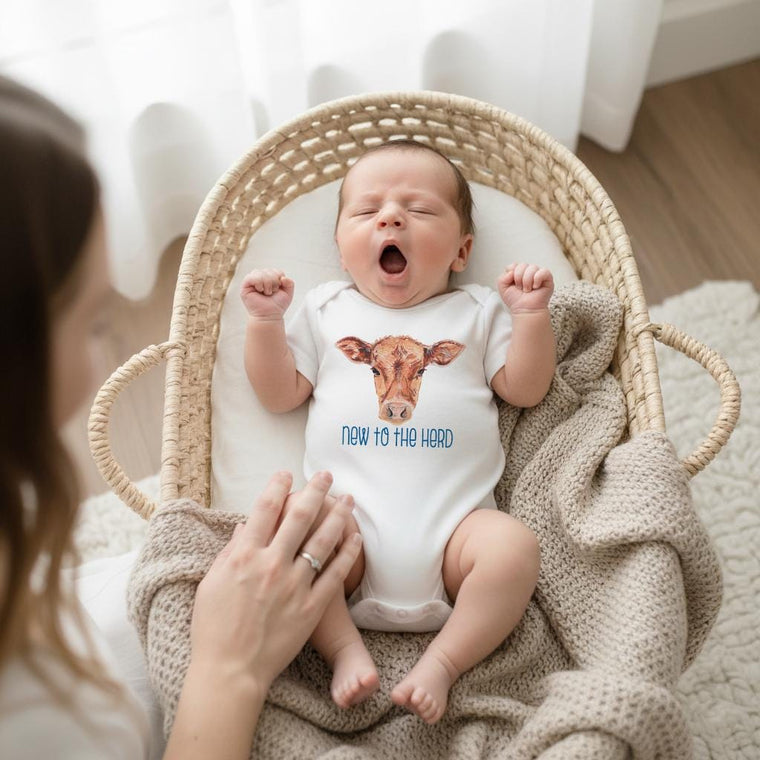 New to the Herd Onesie®, Western Newborn Outfit, Rustic Neutral Shower Gift, Baby Boy Gift, Cow Infant Romper, Farm Baby Bodysuit