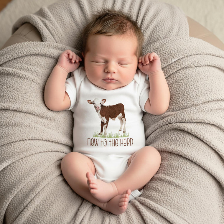 Baby Shower Gift, NEW TO the HERD, Western Nursery, Farm shirt, CowBOY, Cow Onesie®, Farm Baby Gift, Cute Baby Clothes, Cow Theme, hereford