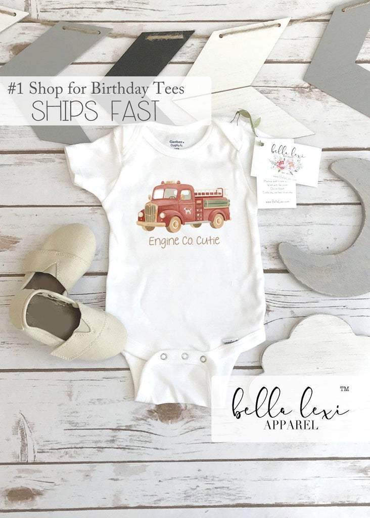 Firefighter Baby Outfit, Engine Co. Cutie Onesie®, First Responder Shower Gift, Baby Shower Gift, Fireman Baby Reveal, Fireman Baby Theme. Your little hero just rolled onto the scene! This “Engine Co. Cutie” onesie is the perfect outfit for firefighter families and first responder parents who want to celebrate their newest recruit. The cozy fit and vintage firetruck design make it a heartwarming baby shower gift or everyday outfit for your brave little cutie.