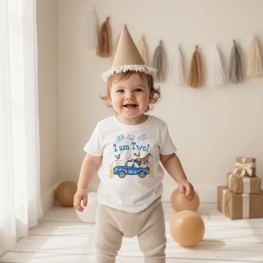 Second Birthday, Oink Baa Moo, Farm Birthday, Oink Moo Turning Two, 2nd Birthday, Blue Truck Party, Farm Party Theme, Boy Birthday SHIRT