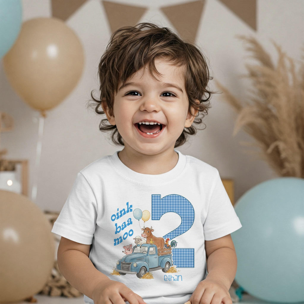 Second Birthday, Oink Baa Moo, Farm Birthday, Oink Moo Turning Two, 2nd Birthday, Blue Truck Party, Farm Party Theme, Boy Birthday SHIRT
