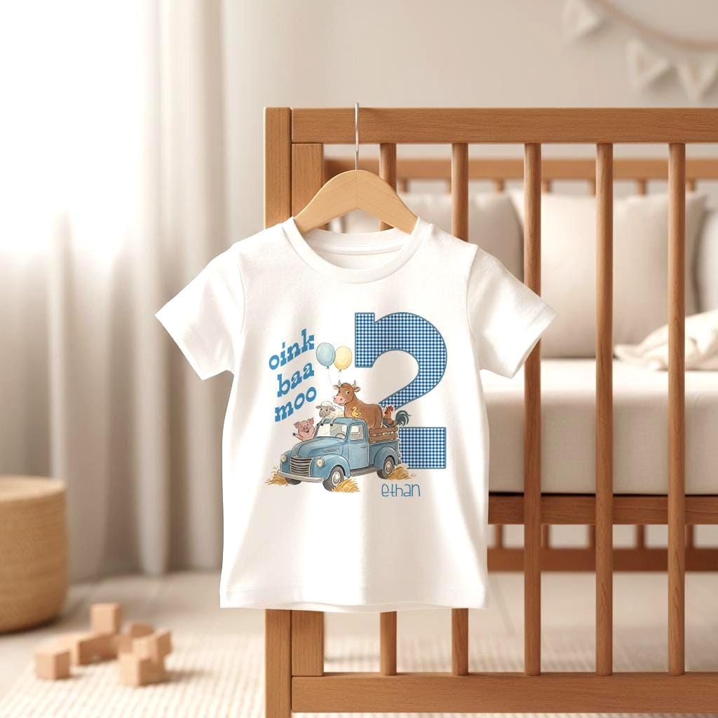 Second Birthday, Oink Baa Moo, Farm Birthday, Oink Moo Turning Two, 2nd Birthday, Blue Truck Party, Farm Party Theme, Boy Birthday SHIRT