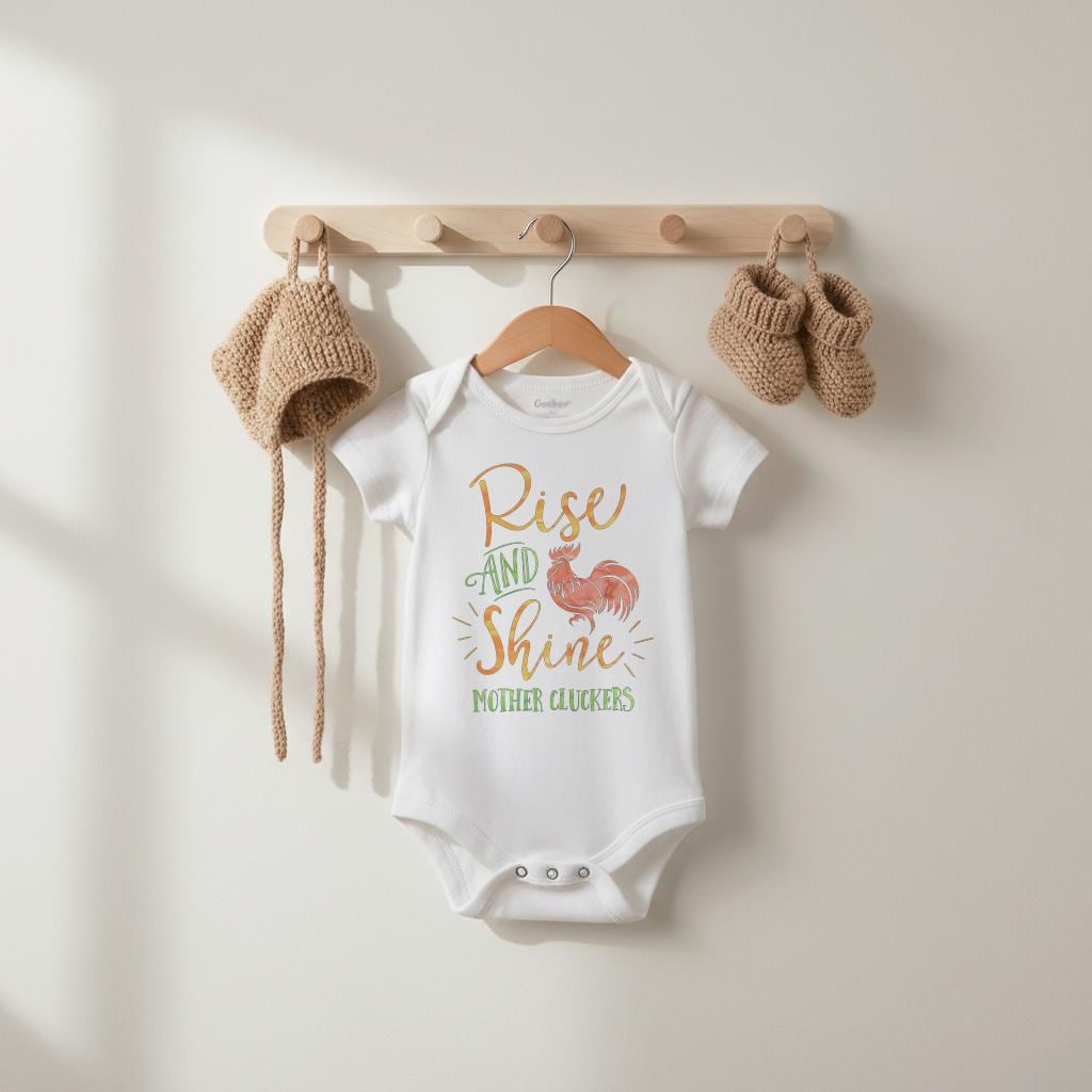 Funny Farm Baby Onesie®, Baby Shower Gift, Country Baby Reveal, Rise and Shine Rooster Bodysuit, Cute Unisex Boy or Girl Present