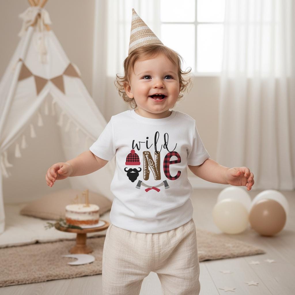Adorable baby boy wearing a white Wild One lumberjack birthday shirt with buffalo plaid beanie graphic, wood-grain “O,” and crossed axes. Neutral beige birthday room with rustic décor. Perfect for a lumberjack first birthday outfit, woodland 1st birthday theme, and Wild One cake smash photos.