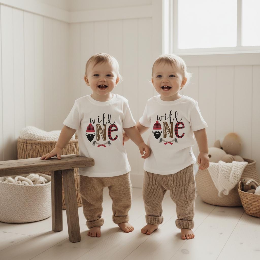 Twin boys wearing matching Wild One lumberjack birthday shirts with buffalo plaid accents and beard/axes design. Neutral woodland backdrop. Perfect for twin first birthday outfits, lumberjack twin birthday theme, Wild One party shirts, and rustic family photos.
