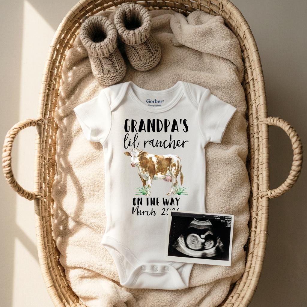 "Grandpa's Lil Rancher on the way”  Personalized with the month and year your baby is due!  This cute country baby design is sure to make your loved ones smile when they find out you are expecting!  Perfect pregnancy reveal to all family, especially grandparents, and for maternity photoshoots!  Also super cute for social media pregnancy announcements!