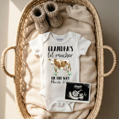 "Grandpa's Lil Rancher on the way”  Personalized with the month and year your baby is due!  This cute country baby design is sure to make your loved ones smile when they find out you are expecting!  Perfect pregnancy reveal to all family, especially grandparents, and for maternity photoshoots!  Also super cute for social media pregnancy announcements!
