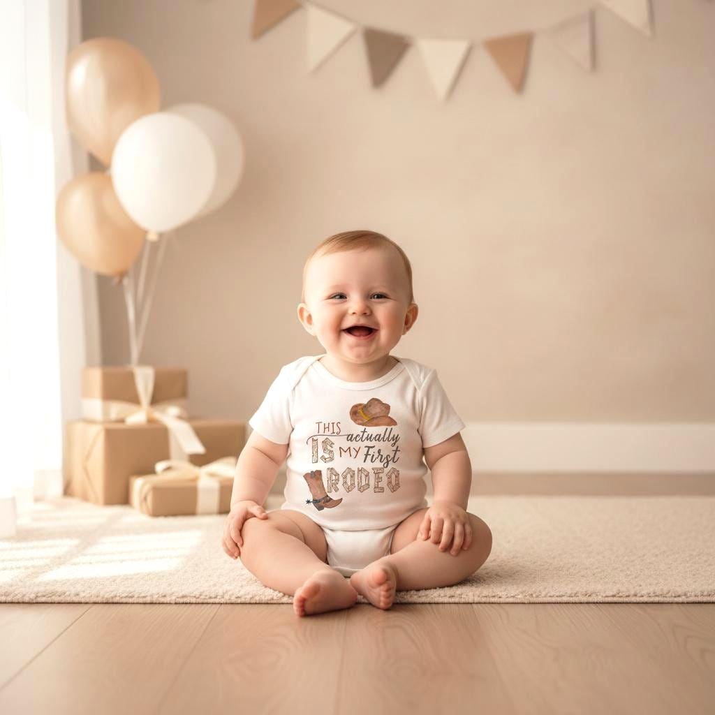 "This actually IS my first Rodeo”  Such a cute and funny design for your little country boy or gal!  Along with the phrase, there's also a watercolor cowboy hat and watercolor boots.  Perfect way to celebrate their first birthday! Great design to wear to the Rodeo!
