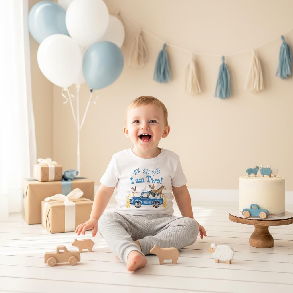 Second Birthday, Oink Baa Moo, Farm Birthday, Oink Moo Turning Two, 2nd Birthday, Blue Truck Party, Farm Party Theme, Boy Birthday SHIRT