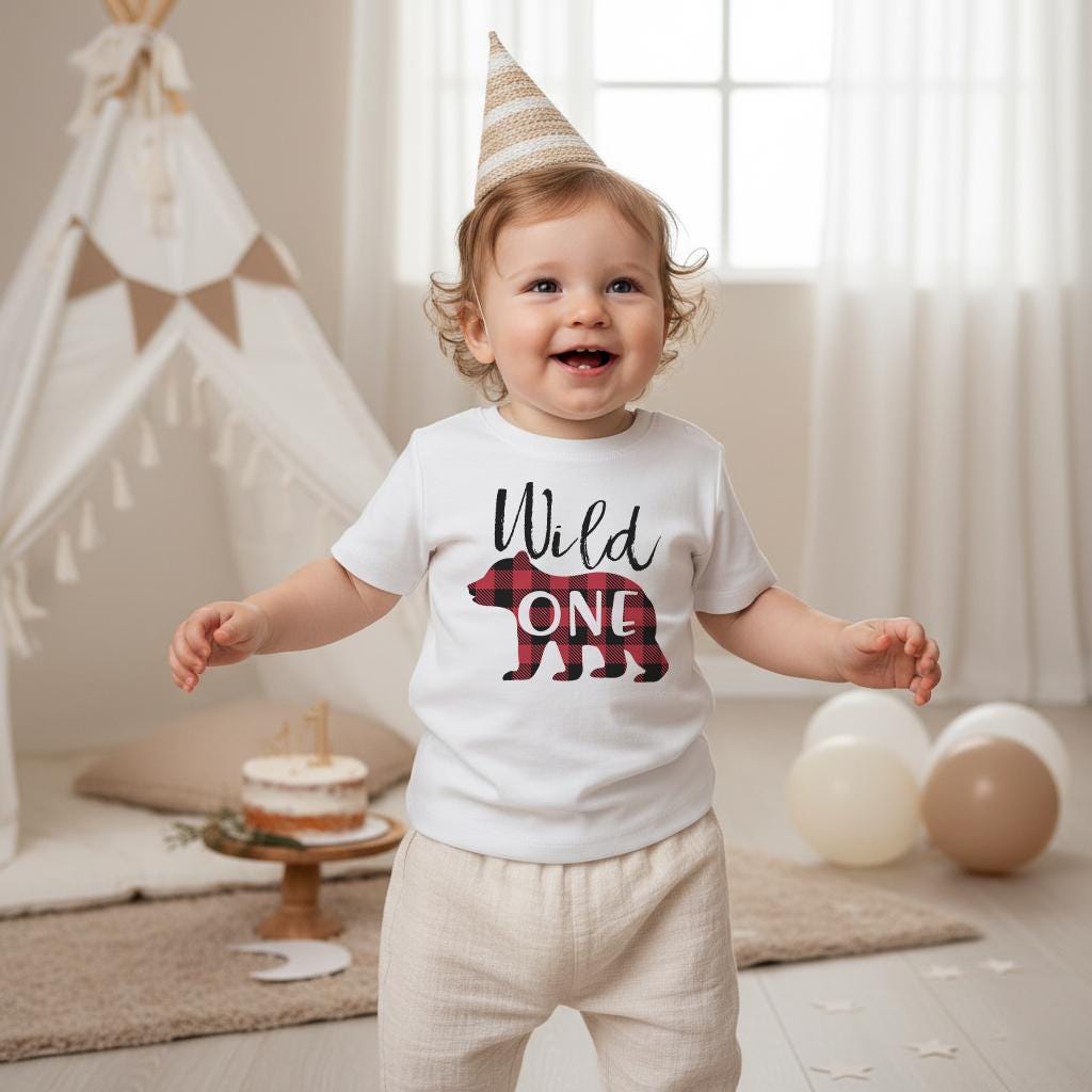 Wild One Birthday Shirt.  This adorable Lumberjack Bear Theme Birthday design features a red and black buffalo plaid print bear and the words &quot;Wild One&quot;  This is such an adorable shirt for your little one&#39;s birthday celebration!  Makes a great birthday gift for the little lumberjack cub in your life! Family set available!