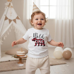 Wild One Birthday Shirt.  This adorable Lumberjack Bear Theme Birthday design features a red and black buffalo plaid print bear and the words &quot;Wild One&quot;  This is such an adorable shirt for your little one&#39;s birthday celebration!  Makes a great birthday gift for the little lumberjack cub in your life! Family set available!