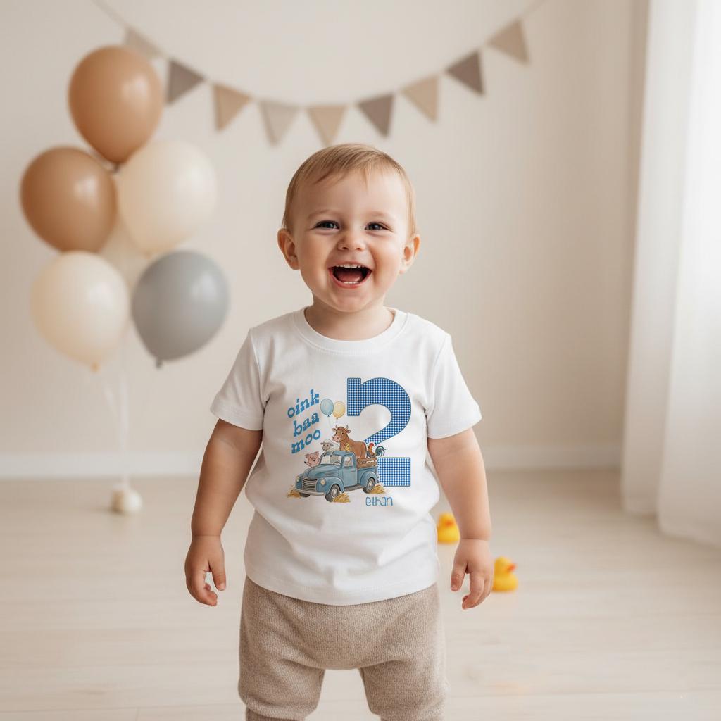 Second Birthday, Oink Baa Moo, Farm Birthday, Oink Moo Turning Two, 2nd Birthday, Blue Truck Party, Farm Party Theme, Boy Birthday SHIRT