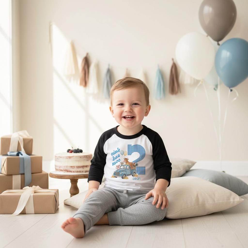Second Birthday, Oink Baa Moo, Farm Birthday, Oink Moo Turning Two, 2nd Birthday, Blue Truck Party, Farm Party Theme, Boy Birthday SHIRT