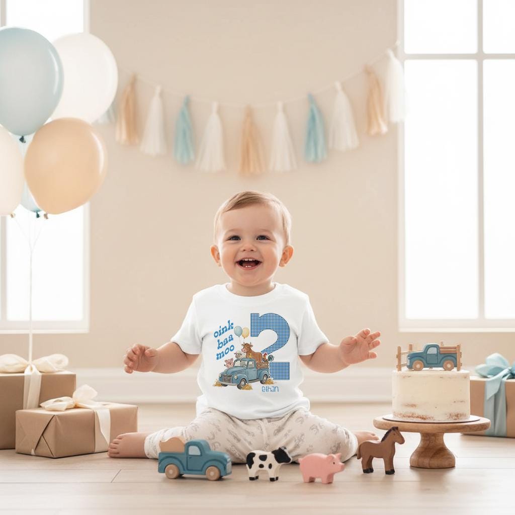 Second Birthday, Oink Baa Moo, Farm Birthday, Oink Moo Turning Two, 2nd Birthday, Blue Truck Party, Farm Party Theme, Boy Birthday SHIRT