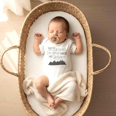 "Pack my diapers! I'm going hiking with Grandma!"  (Or daddy, mommy, auntie, uncle, grandpa.)  This hiking baby bodysuit or t-shirt is perfect for your newest hiking buddy!  This design makes a great baby shower gift for the outdoorsy family that loves hiking! The design is Grey and the mountains are a chalkboard style.  (design is not black)  Please select the phrase you need on the drop down menu.