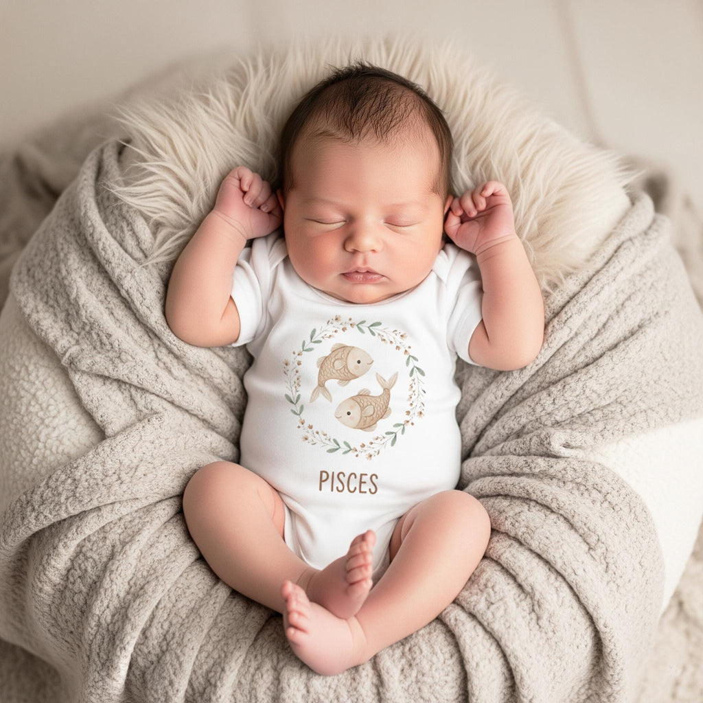 Pisces zodiac baby onesie with a soft boho watercolor design on a bright white background. Unisex astrology baby outfit perfect for February and March birthdays, newborn photos, baby shower gifts, horoscope-themed milestone pictures, and gender-neutral baby clothing. High-quality printable zodiac artwork for infant apparel.