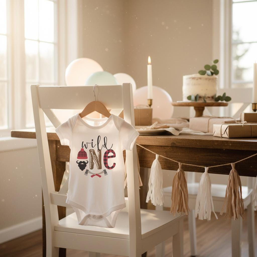 White Wild One lumberjack first birthday onesie with buffalo plaid beanie, wood-grain lettering, and crossed axes. Styled on a vintage chair in a warm neutral room. Ideal for lumberjack 1st birthday outfit, woodland birthday photos, rustic milestone pictures, and Wild One baby celebrations.