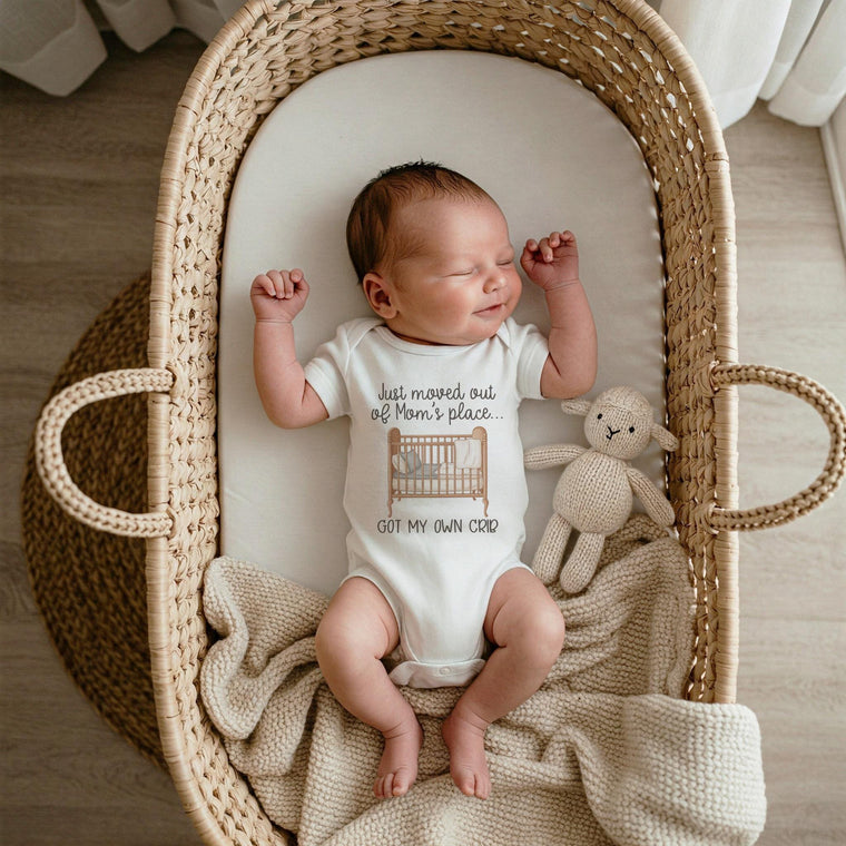 Funny Baby Shower Gift, Just Moved Out of Mom's Place Newborn Bodysuit, Personalized Crib Romper, Coming Home Clothes, Baby infant outfit