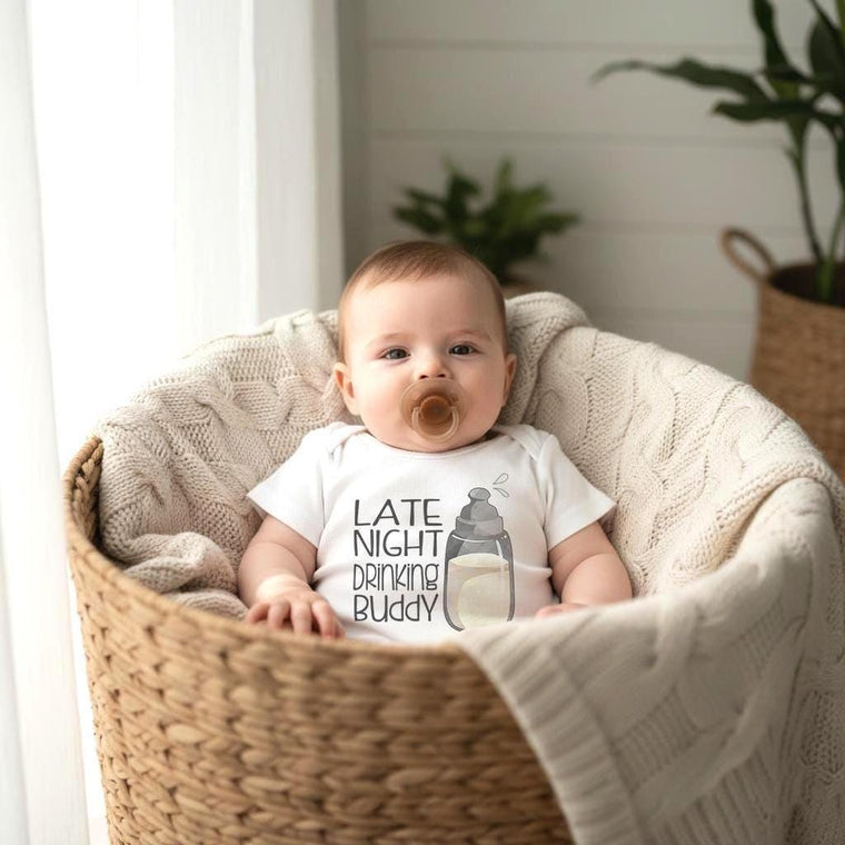 Unisex Baby Gift, Late Night Drinking Buddy, Cute Baby Clothes, Funny Baby Gift, Daddy Baby Reveal, Pregnancy Reveal, Drinking Onesie®