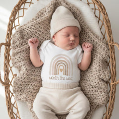 Neutral boho rainbow baby onesie with the phrase &quot;Worth the Wait&quot; perfect for rainbow baby, IVF miracle baby, neutral newborn outfit, pregnancy after loss gift, baby shower present, beige and earthy tones for modern boho style photography, newborn announcement outfit for hospital or coming home photos.