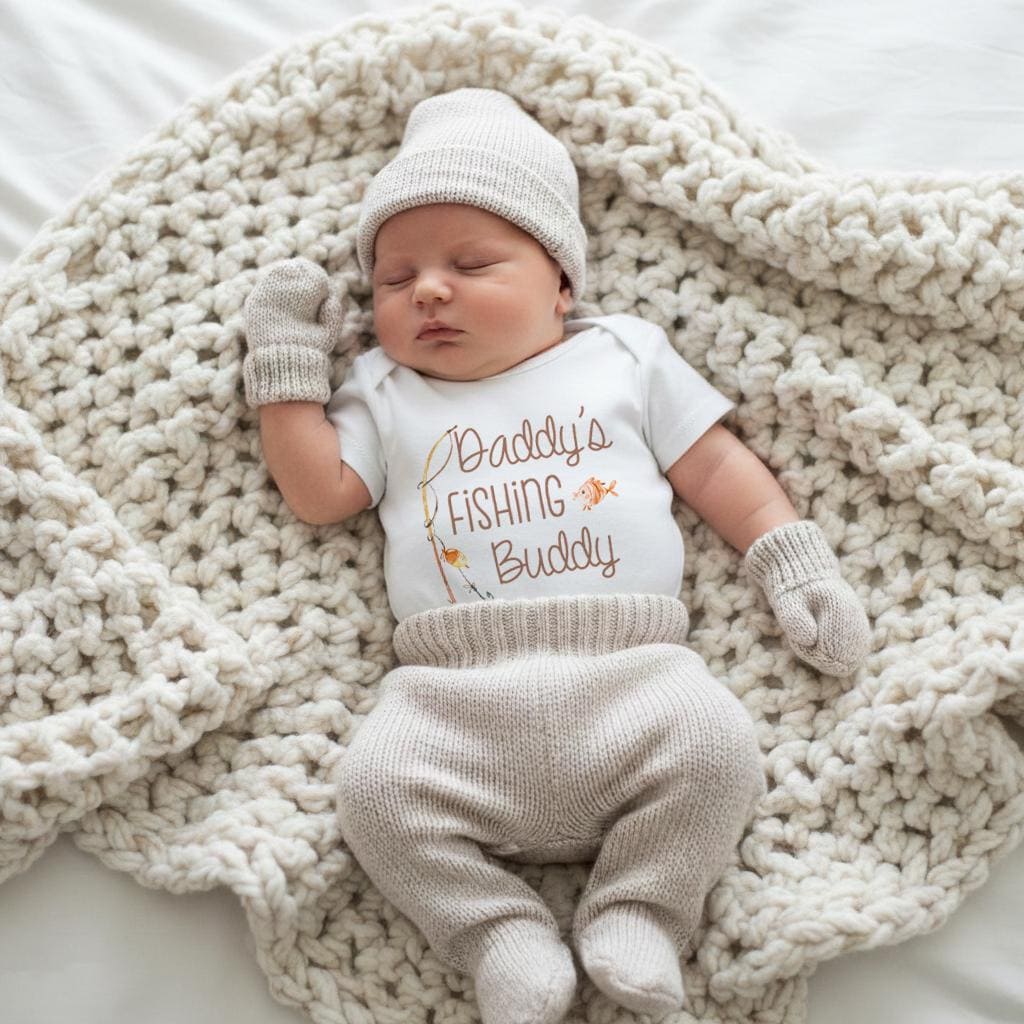 Daddy’s Fishing Buddy baby onesie in neutral boho tone, perfect for pregnancy reveal gift to dad, baby shower present for outdoorsy fathers, newborn outfit for announcement photos, gender neutral fishing themed baby bodysuit, cute gift for expecting fishermen dads or first-time father reveal.