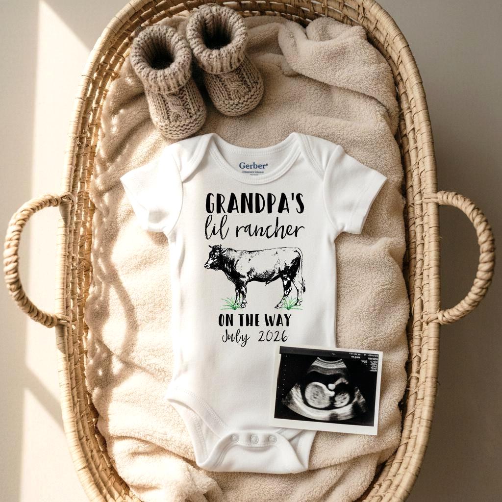 "Grandpa's Lil Rancher on the way”  Personalized with the month and year your baby is due!  This cute country baby design is sure to make your loved ones smile when they find out you are expecting!  Perfect pregnancy reveal to all family, especially grandparents, and for maternity photoshoots!  Also super cute for social media pregnancy announcements!