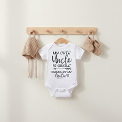 This adorable uncle theme bodysuit or t-shirt features fun handwritten-style fonts with the phrase "My cute Uncle is single. Wanna be my Auntie?".  Such a cute gift for your niece or nephew!  Let this custom designed shirt do the talking!  This cute Uncle bodysuit or t-shirt also makes a wonderful baby shower gift!