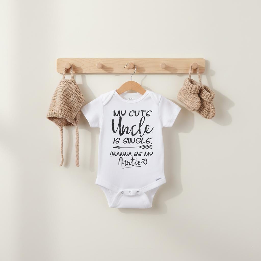 This adorable uncle theme bodysuit or t-shirt features fun handwritten-style fonts with the phrase "My cute Uncle is single. Wanna be my Auntie?".  Such a cute gift for your niece or nephew!  Let this custom designed shirt do the talking!  This cute Uncle bodysuit or t-shirt also makes a wonderful baby shower gift!