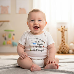 Perfect Baby reveal to your Dad! &quot;Pack my diapers! I&#39;m going fishing with Grandpa!&quot;  This fishing baby bodysuit, t-shirt or organic Onesie® is perfect for your newest little catch!  This design makes a great baby shower gift for the outdoorsy family that loves fishing! Also works great as a pregnancy reveal for Grandpa!