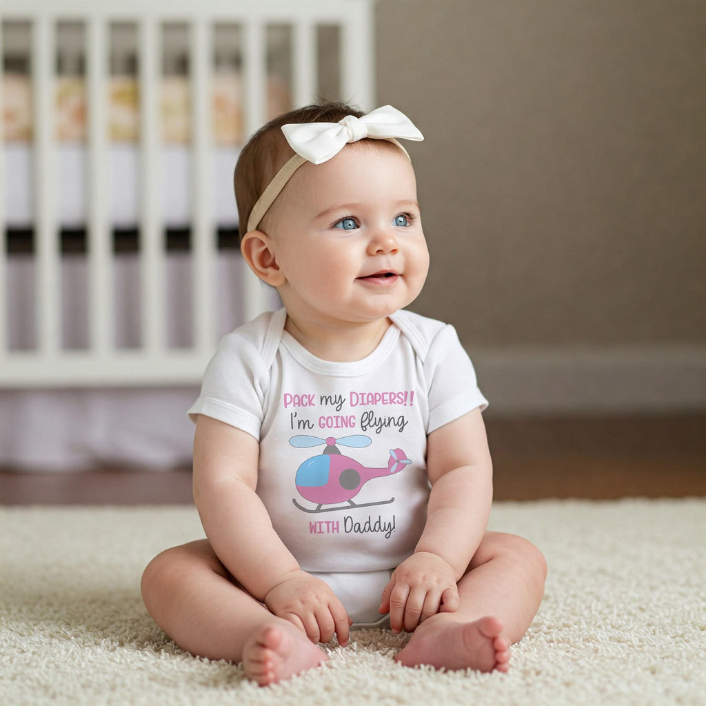 "Pack my diapers!! I'm going Flying with Daddy!"  This helicopter baby bodysuit, t-shirt (or organic onesie®) is perfect for your newest little flying buddy!  Design features a cute helicopter !with the words "Pack my diapers! I'm going flying with Daddy!" in fun fonts!  This pilot theme bodysuit makes a great baby shower gift for the family that that has a pilot or loves flying! Also works great as a pregnancy reveal!