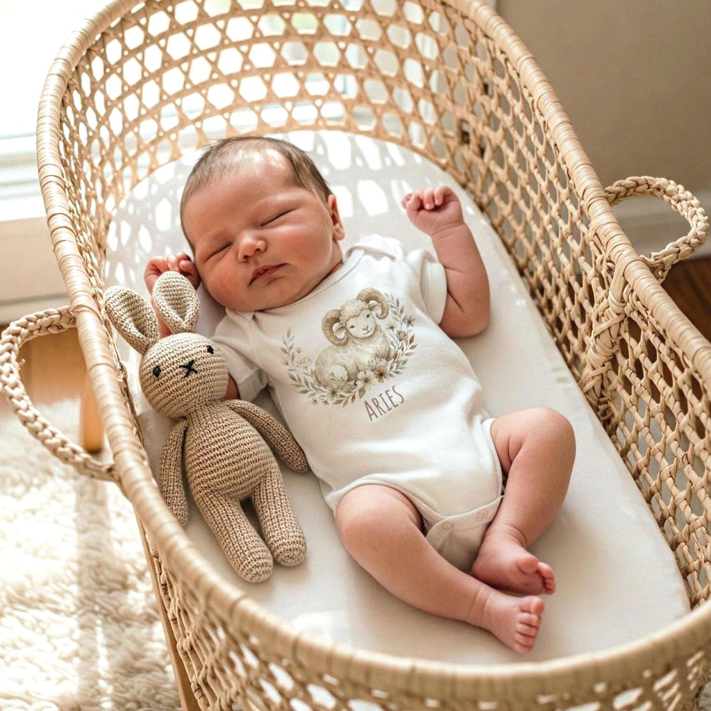 Aries zodiac baby onesie with a soft boho watercolor design on a bright white background. Unisex astrology baby outfit perfect for March and April birthdays, newborn photos, baby shower gifts, horoscope-themed milestone pictures, and gender-neutral baby clothing. High-quality printable Aries zodiac artwork for infant apparel.