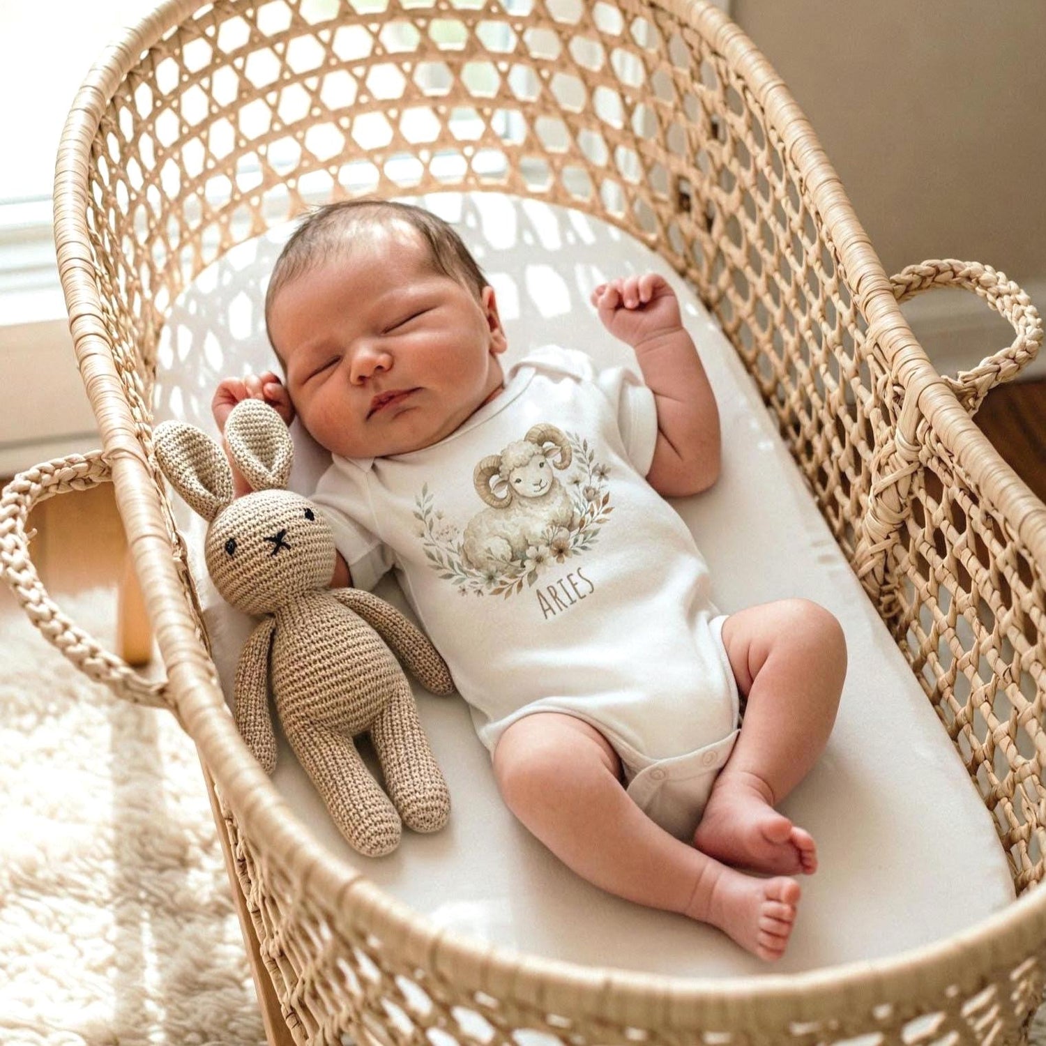 Aries zodiac baby onesie with a soft boho watercolor design on a bright white background. Unisex astrology baby outfit perfect for March and April birthdays, newborn photos, baby shower gifts, horoscope-themed milestone pictures, and gender-neutral baby clothing. High-quality printable Aries zodiac artwork for infant apparel.