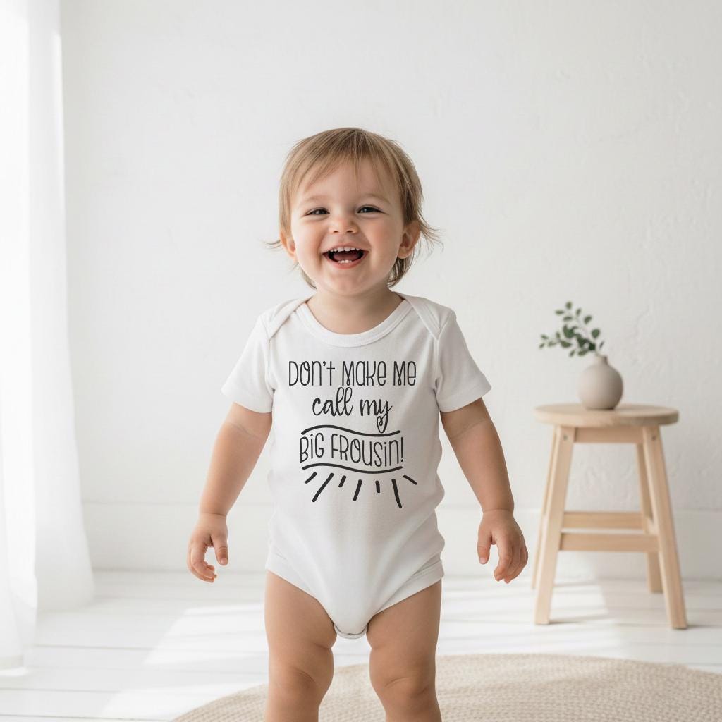 "Don't make me call my big frousin!" with adorable hand written type accents.  This design is great for all littles with big friend cousins!  This shirt or bodysuit is great to use a pregnancy reveal and to send to friends and family as a surprise baby announcement gift!  They will love to receive this as a gift!  So cute and it's sure to bring lots of smiles! Makes a great baby shower gift!