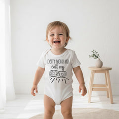"Don't make me call my big frousin!" with adorable hand written type accents.  This design is great for all littles with big friend cousins!  This shirt or bodysuit is great to use a pregnancy reveal and to send to friends and family as a surprise baby announcement gift!  They will love to receive this as a gift!  So cute and it's sure to bring lots of smiles! Makes a great baby shower gift!