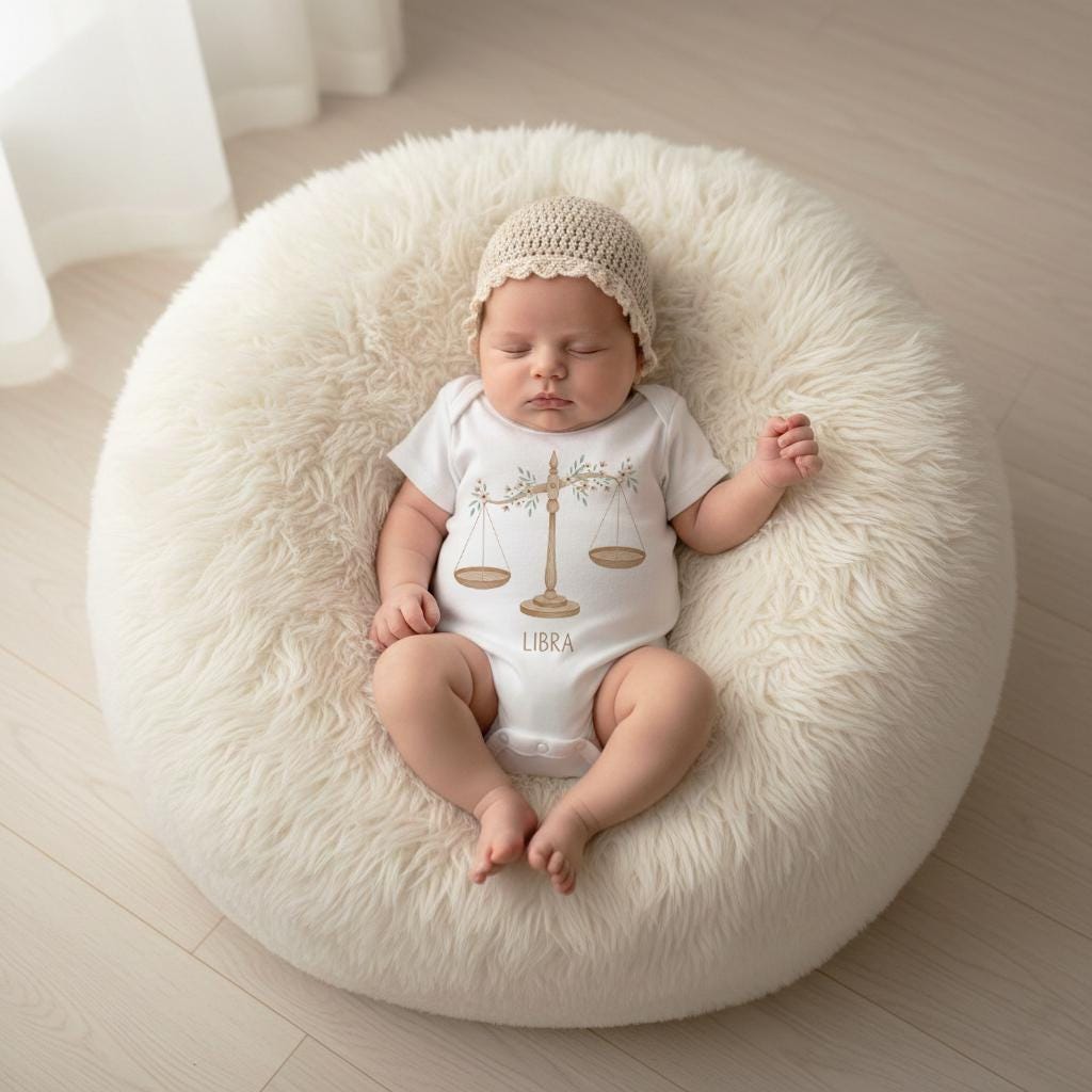 Libra zodiac baby onesie featuring a soft boho watercolor design on a bright white background. Unisex astrology baby outfit perfect for September and October birthdays, newborn photos, baby shower gifts, horoscope-themed milestone pictures, and gender-neutral baby clothing. High-quality printable Libra zodiac artwork for infant apparel