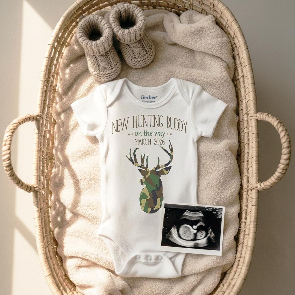 Pregnancy Reveal, New Hunting Buddy, Pregnancy Announcement, Baby Reveal, Baby Announcement, Baby Shower Gift, Dad Reveal, Hunting Onesie®