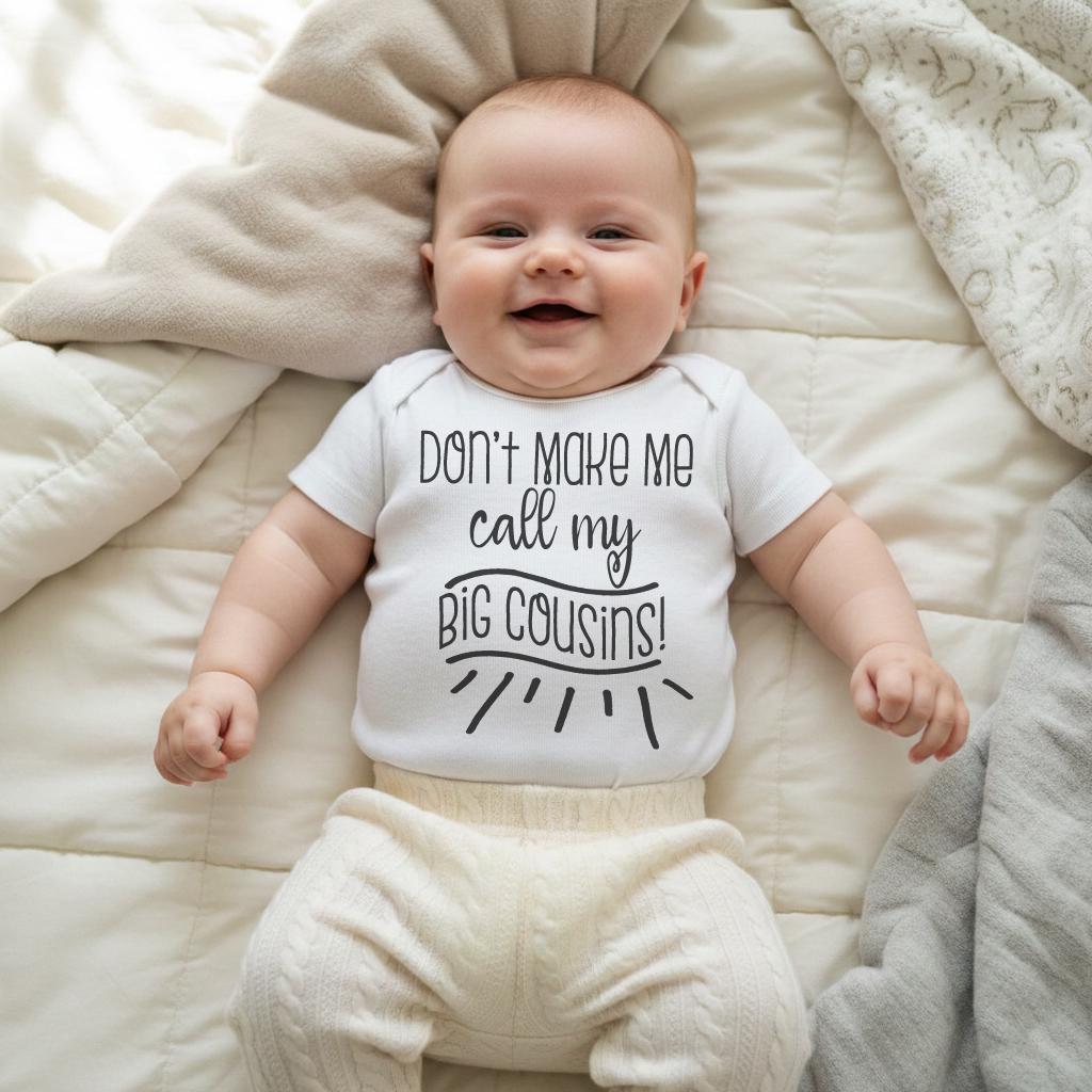 "Don't make me call my big cousins!" with adorable hand written type accents.  This design is great for all girls and boys!  This shirt or bodysuit (or organic onesie®) is great to use a pregnancy reveal and to send to family as a surprise baby announcement gift!  They will love to receive this as a gift!  So cute and it's sure to bring lots of smiles! Makes a great baby shower gift!
