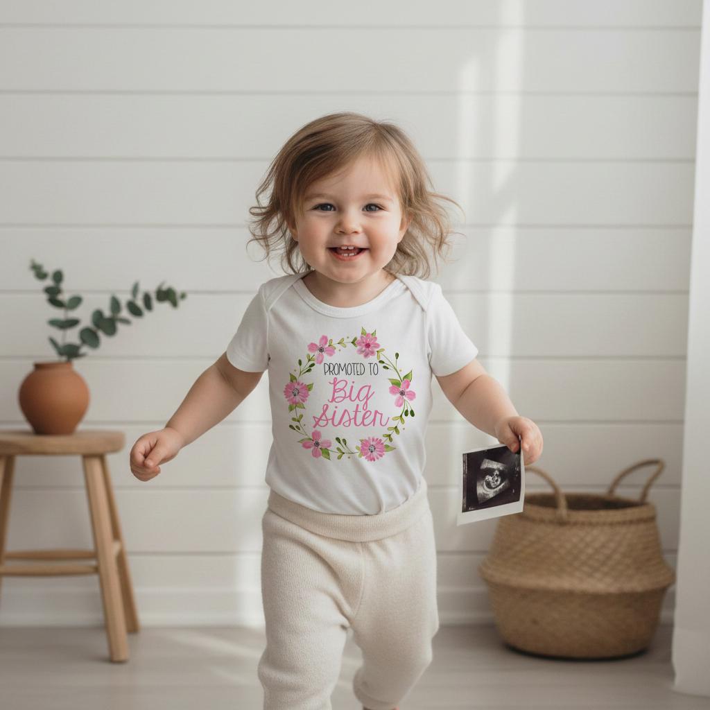 Promoted to Big Sister shirt for sibling pregnancy announcement, toddler girl t-shirt for becoming a big sister, cute gender neutral pregnancy reveal outfit, big sister promotion announcement, matching sibling photoshoot tee, new baby announcement apparel gift for daughter, toddler pregnancy reveal shirt.