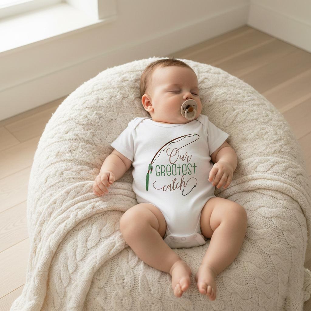 Our Greatest Catch baby onesie, neutral unisex newborn bodysuit with fishing theme, baby shower gift for outdoorsy families, cute fishing baby outfit for pregnancy reveal photos, simple gender-neutral baby clothing for nature-loving parents, pregnancy announcement outfit, rustic lake theme baby present.