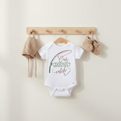 Our Greatest Catch Onesie®, Baby Shower Gift, Unisex Newborn Outfit, Fishing Theme Baby Bodysuit, Pregnancy Reveal Idea, Outdoor Family Baby