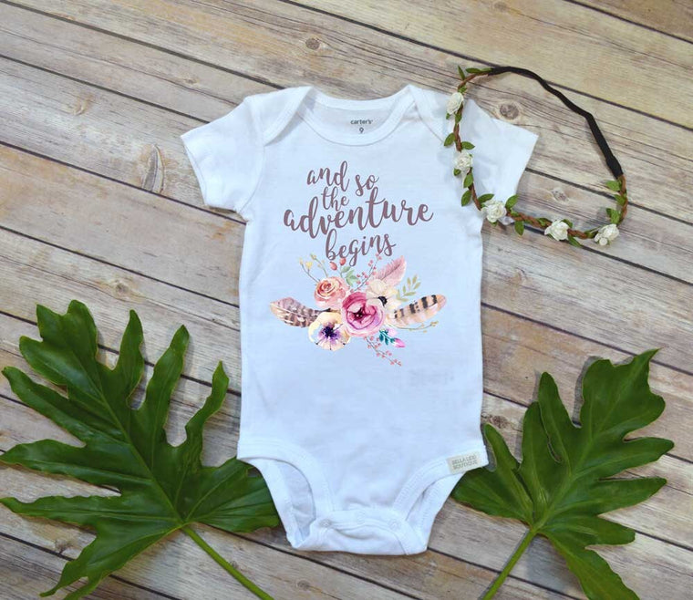 Pregnancy Reveal, And so the Adventure Begins, Baby Shower Gift, Baby Announcement, Boho Baby Clothes, Adventure shirt, Cute baby Gift,boho