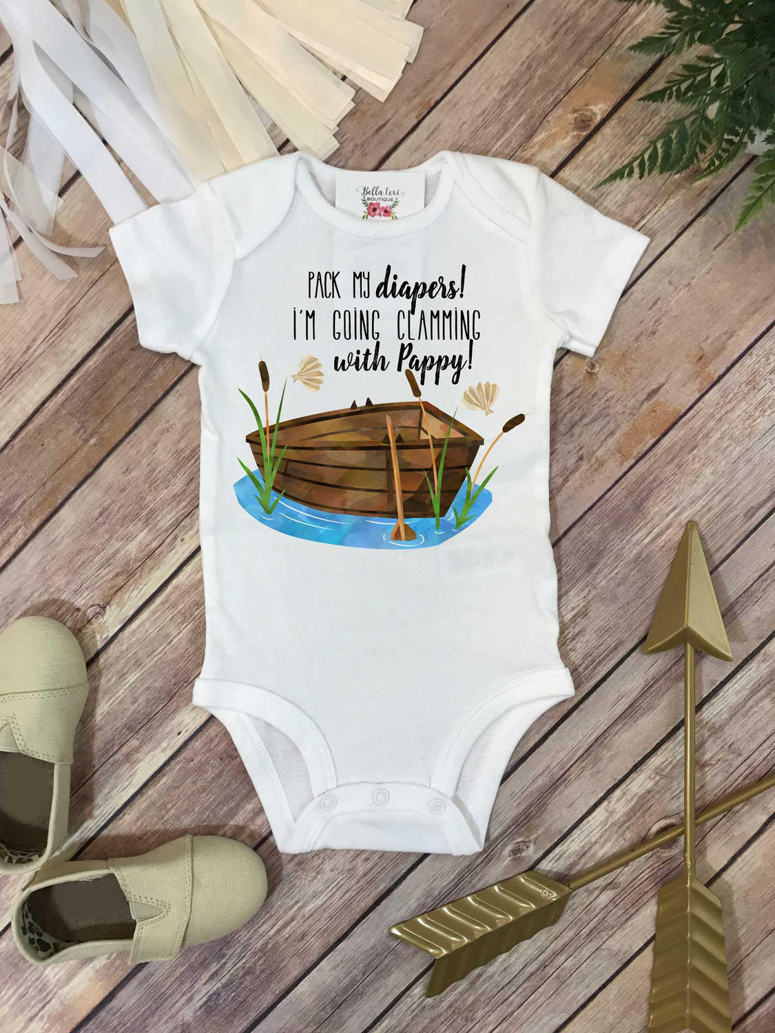 Clamming Shirt, Pack My Diapers I'm Going Clamming with Pappy, Baby Shower Gift, Fishing Baby Shirt, Fishing Buddy 12M L/S Bodysuit by
