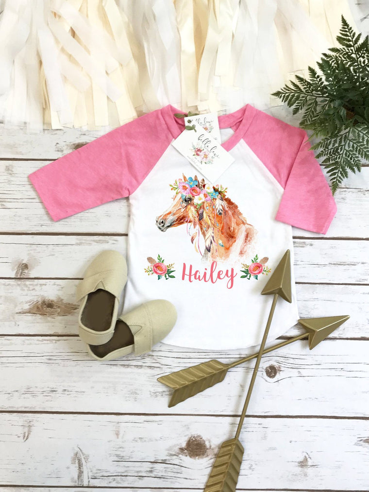 Horse Birthday, Personalized Baby Gift, Custom Baby Gift, Boho Horse RAGLAN, Niece Gift, Cute Girl Clothes, Cute Girl Gifts, Pony Party Set