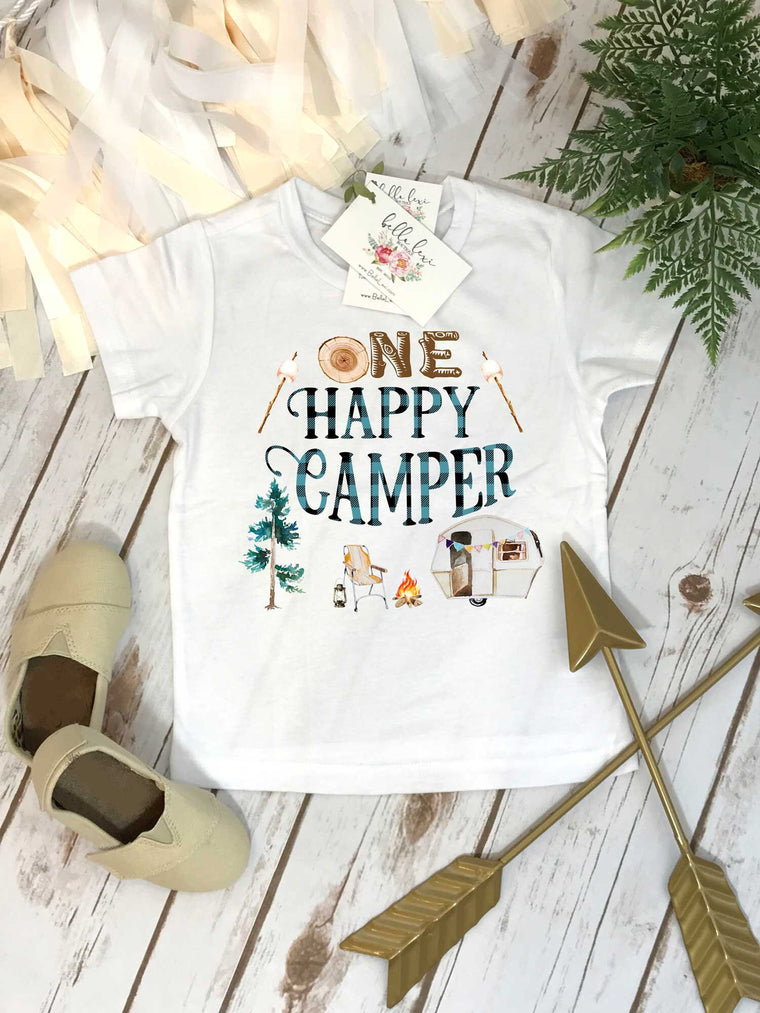 First Birthday Shirt, Camping Birthday, 1st Birthday, Buffalo Plaid Party, Lumberjack Party, ONE HAPPY CAMPER, Wild One Birthday, Camp Party