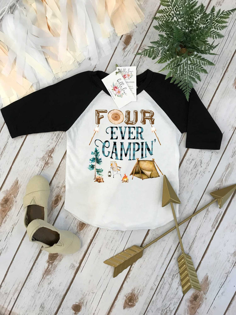 4th Birthday Shirt, Camping Birthday, Fourth Birthday, Camping Party, Tent Party, HAPPY CAMPER theme, Four ever Wild Birthday, Camp Party